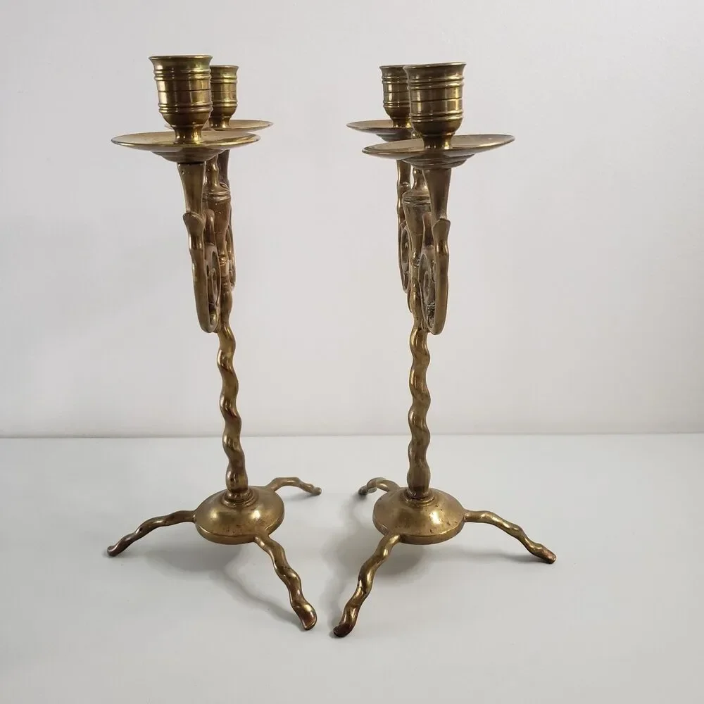 Antique Brass Candlesticks Twist Swirl Scroll Pair Double Candelabra Holders
